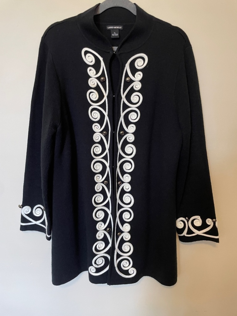 Lauren Michelle Black Sweater Cardigan with White Scroll Trim